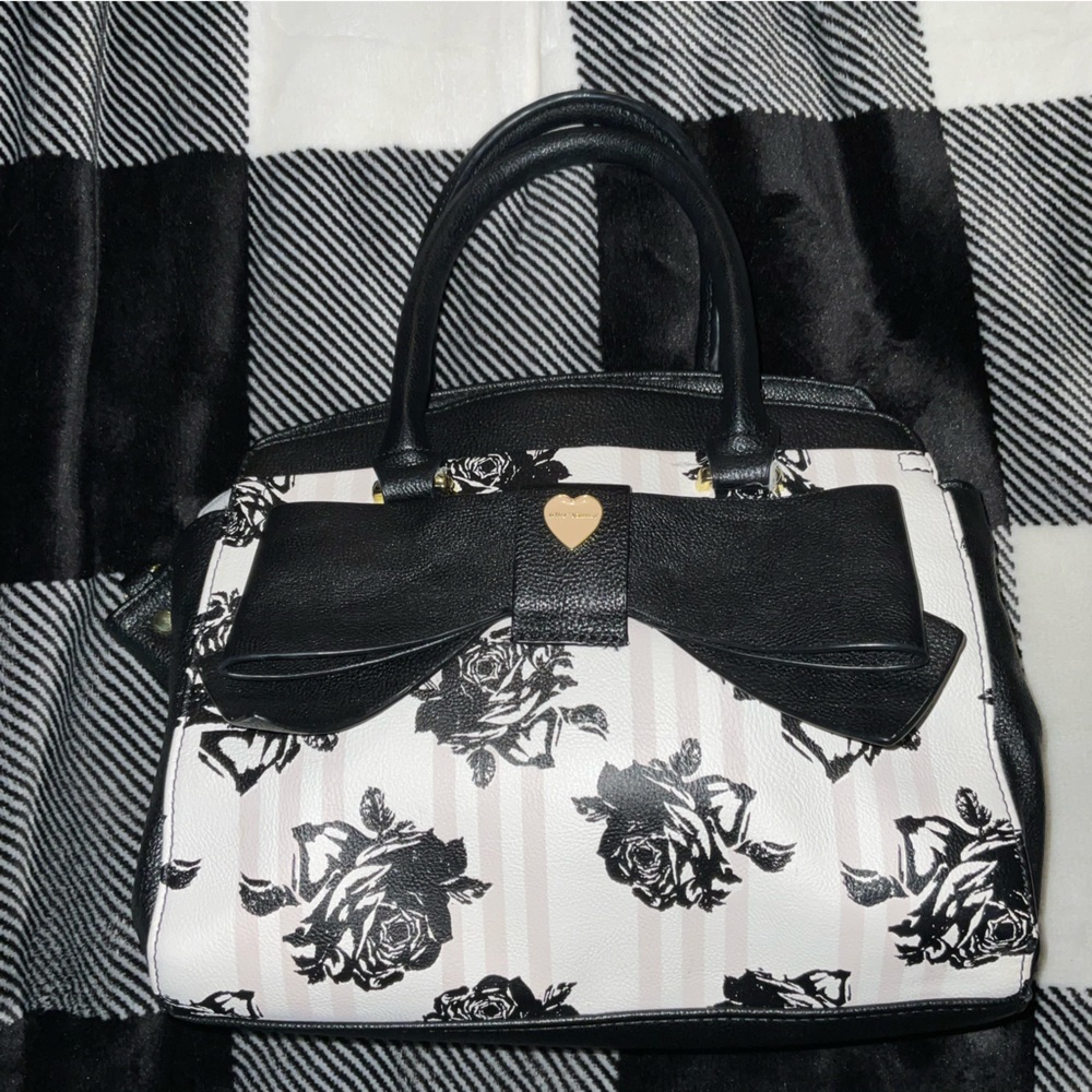 Betsey Johnson Small Purse: White with Black Roses and Light Pink Stripes